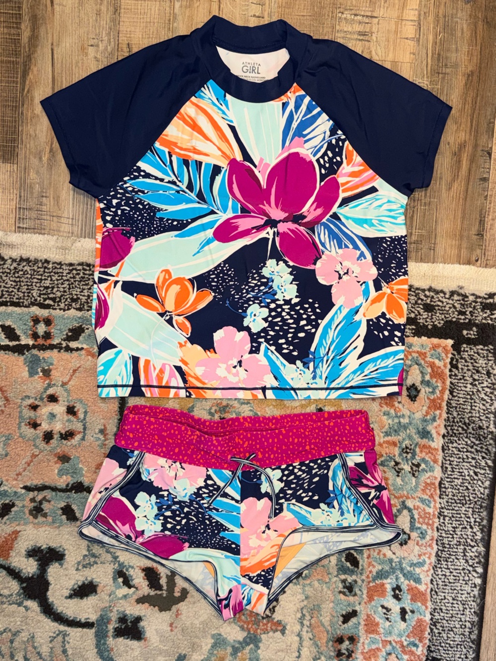 Athleta Girl Tropical Floral Print Cannonball 2.0 Swim Shorts & Matching Top M/L